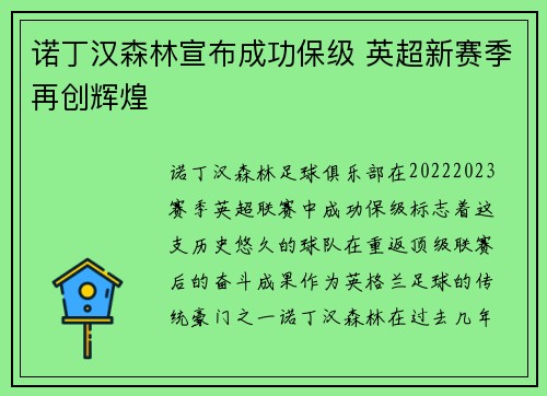 诺丁汉森林宣布成功保级 英超新赛季再创辉煌